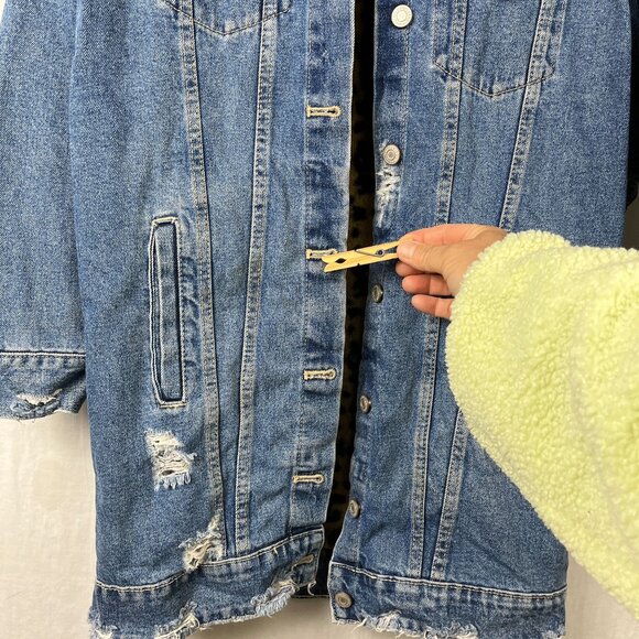 Zara TRF Denim Wear Distressed Long Jacket Womens Small S Slouchy Punk Faux Fur‎ - Picture 16 of 16
